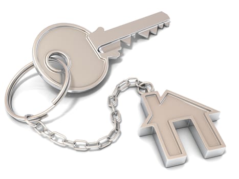 House door key and house key-chain on white background