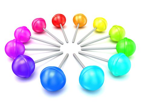 Colorful lollipops, circle arranged. 3D render illustration isolated on white background