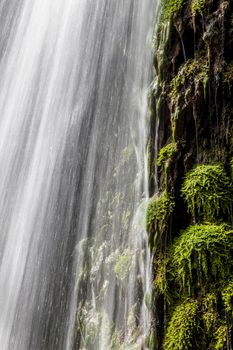 Fresh green moss and moving water of a gorgeous waterfall shoot with slow shutter speed