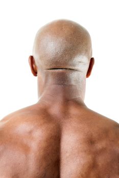 Closeup of the back of a muscular mans head and upper back isolated over a white background.