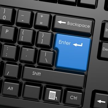 Blue enter button in black keyboard image with hi-res rendered artwork that could be used for any graphic design.