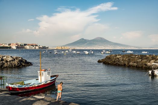 Naples and mount Vesuvius in the background in a summer day, Italy, Campania