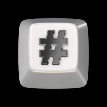 Computer keyboard key hashtag, sign 3D render illustration isolated on black background