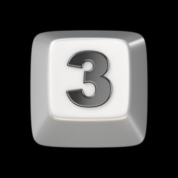 Computer keyboard key number THREE 3 3D render illustration isolated on black background