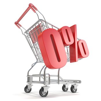 0% - zero percent discount in front of shopping cart. Sale concept. 3D render illustration isolated on white background