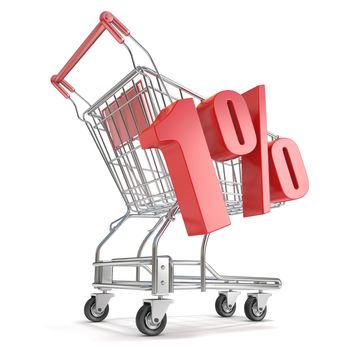 1% - one percent discount in front of shopping cart. Sale concept. 3D render illustration isolated on white background