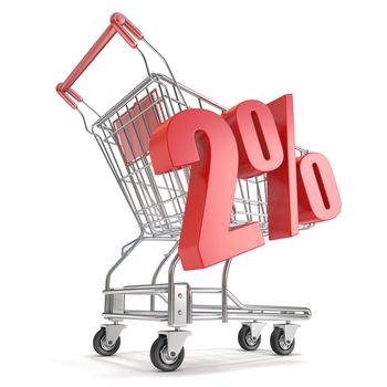 2% - two percent discount in front of shopping cart. Sale concept. 3D render illustration isolated on white background