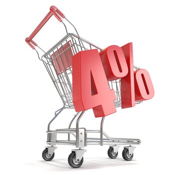4% - four percent discount in front of shopping cart. Sale concept. 3D render illustration isolated on white background