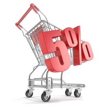 5% - five percent discount in front of shopping cart. Sale concept. 3D render illustration isolated on white background