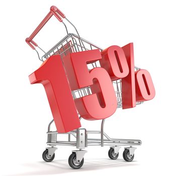 15% - fifteen percent discount in front of shopping cart. Sale concept. 3D render illustration isolated on white background