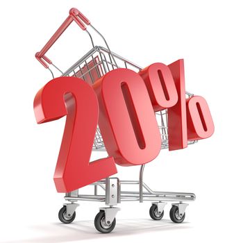 20% - twenty percent discount in front of shopping cart. Sale concept. 3D render illustration isolated on white background