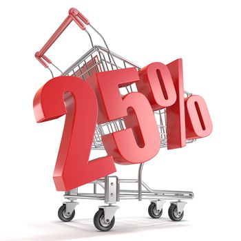 25% - twenty five percent discount in front of shopping cart. Sale concept. 3D render illustration isolated on white background