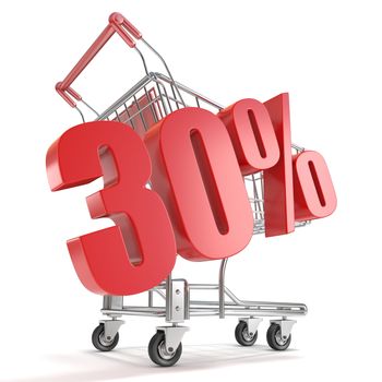 30% - thirty percent discount in front of shopping cart. Sale concept. 3D render illustration isolated on white background