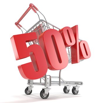 50% - fifty percent discount in front of shopping cart. Sale concept. 3D render illustration isolated on white background