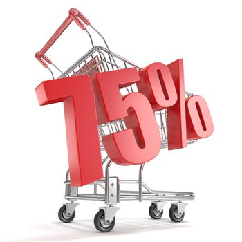 75% - seventy five percent discount in front of shopping cart. Sale concept. 3D render illustration isolated on white background