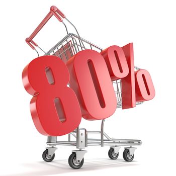 80% - eighty percent discount in front of shopping cart. Sale concept. 3D render illustration isolated on white background