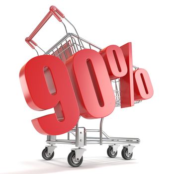 90% - ninety percent discount in front of shopping cart. Sale concept. 3D render illustration isolated on white background