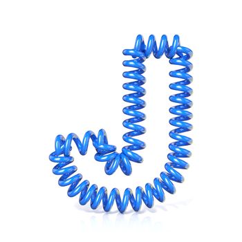 Spring, spiral cable font collection letter - J. 3D render illustration, isolated on white background
