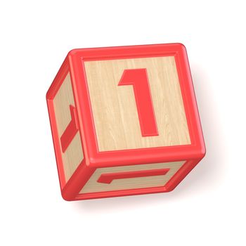 Number 1 ONE wooden alphabet blocks font rotated. 3D render illustration isolated on white background