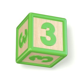 Number 3 THREE wooden alphabet blocks font rotated. 3D render illustration isolated on white background