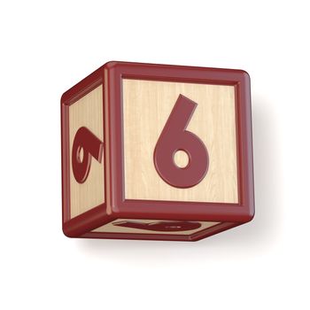 Number 6 SIX wooden alphabet blocks font rotated. 3D render illustration isolated on white background