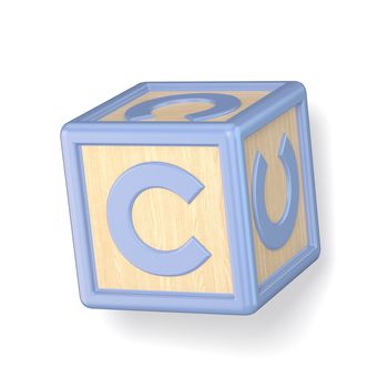Letter C wooden alphabet blocks font rotated. 3D render illustration isolated on white background