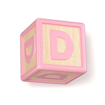 Letter D wooden alphabet blocks font rotated. 3D render illustration isolated on white background