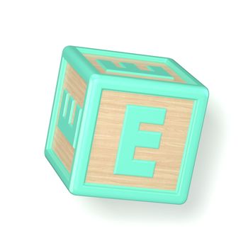 Letter E wooden alphabet blocks font rotated. 3D render illustration isolated on white background