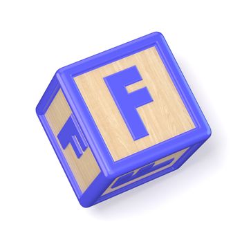 Letter F wooden alphabet blocks font rotated. 3D render illustration isolated on white background