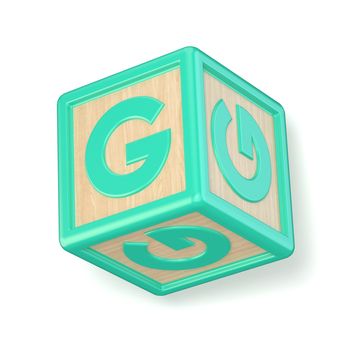 Letter G wooden alphabet blocks font rotated. 3D render illustration isolated on white background