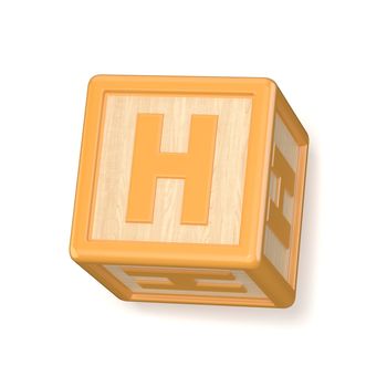Letter H wooden alphabet blocks font rotated. 3D render illustration isolated on white background