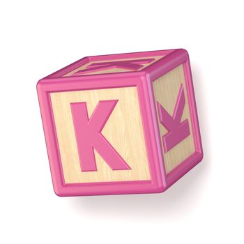 Letter K wooden alphabet blocks font rotated. 3D render illustration isolated on white background