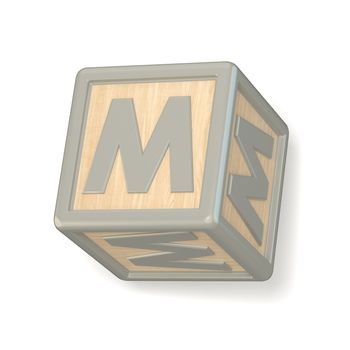 Letter M wooden alphabet blocks font rotated. 3D render illustration isolated on white background