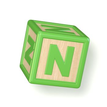 Letter N wooden alphabet blocks font rotated. 3D render illustration isolated on white background