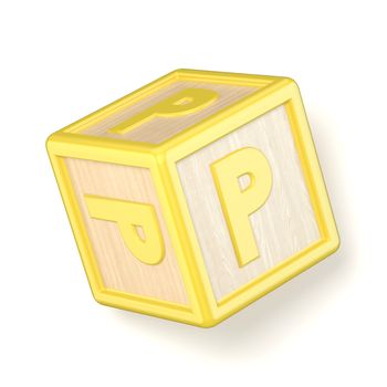 Letter P wooden alphabet blocks font rotated. 3D render illustration isolated on white background