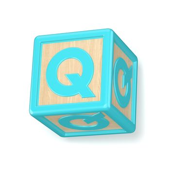 Letter Q wooden alphabet blocks font rotated. 3D render illustration isolated on white background