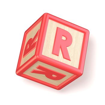 Letter R wooden alphabet blocks font rotated. 3D render illustration isolated on white background