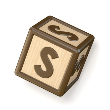 Letter S wooden alphabet blocks font rotated. 3D render illustration isolated on white background