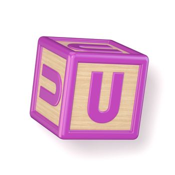 Letter U wooden alphabet blocks font rotated. 3D render illustration isolated on white background