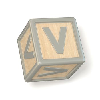 Letter V wooden alphabet blocks font rotated. 3D render illustration isolated on white background