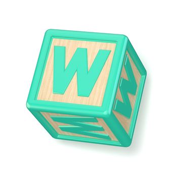 Letter W wooden alphabet blocks font rotated. 3D render illustration isolated on white background
