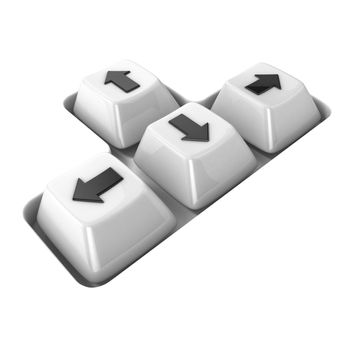The four white keyboard arrows keys on a white background. Side view. 3D render illustration