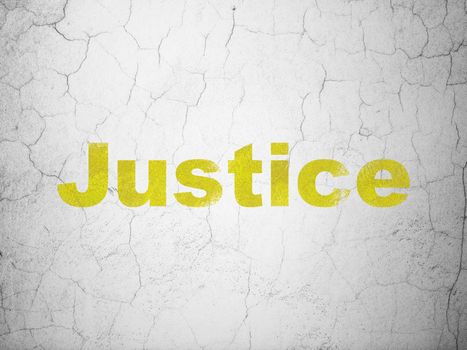 Law concept: Yellow Justice on textured concrete wall background