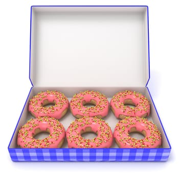 Six pink donuts in blue box. Side view. 3D render illustration.isolated on white background