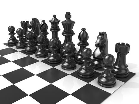 Chess board with black chess pieces, isolated on white background.