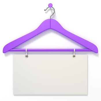 Purple hanger with blank tag. 3D render illustration isolated on white background