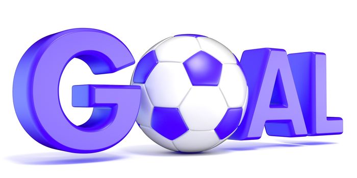 Word GOAL with the football, soccer ball. Blue color. 3D render illustration isolated on white background