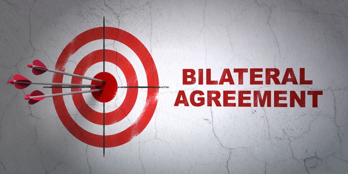 Success Insurance concept: arrows hitting the center of target, Red Bilateral Agreement on wall background, 3D rendering