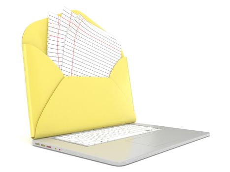 Open envelope and blank lined paper on laptop. Side view. 3D render illustration isolated on white background