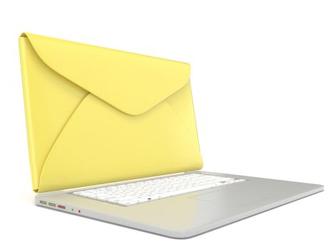 Closed envelope on laptop. Side view. 3D render illustration isolated on white background